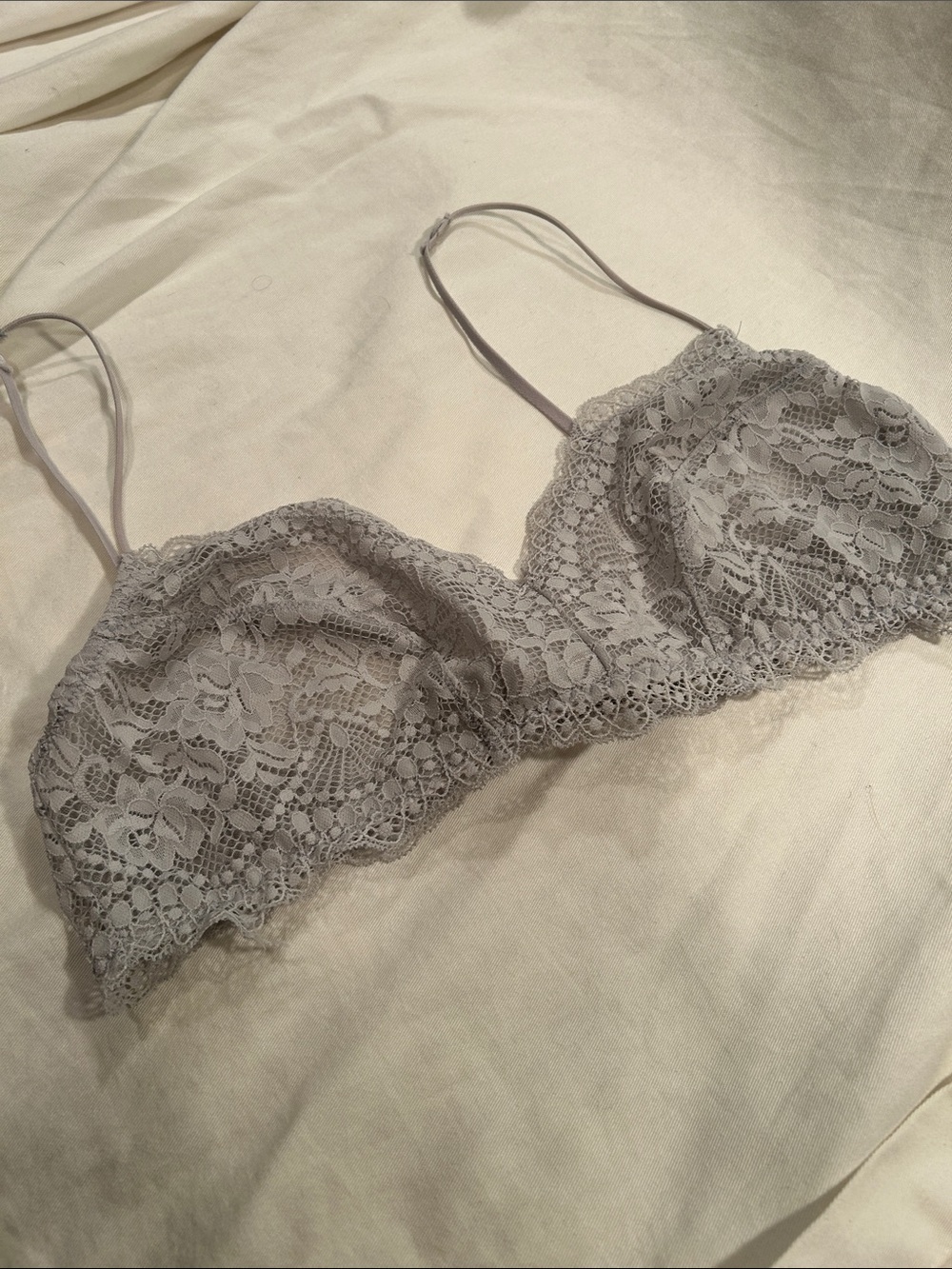 Free People brand Soft Lace Bralette in Light Gray — Unlined Comfort
